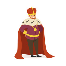 Majestic Emperor In Red Ermine Mantle, Fairytale Or European Medieval Character Colorful Vector Illustration