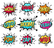 Comic Speech Bubble Set With  Text: Wow, Bang, Omg, Gtfo, Boom, Yeah, Pow, Zap, Wtf. Vector Cartoon Explosions With Different Emotions Isolated On White Background.