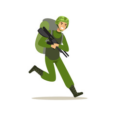 Poster - Infantry troops soldier character in camouflage combat uniform and backpack running with weapon vector Illustration