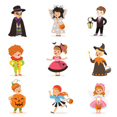 Wall Mural -  ute happy little kids in different colorful halloween costumes set, Halloween children trick or treating vector Illustrations