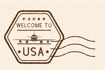 Wall Mural - Welcome to USA brown stamp. With airplane sign