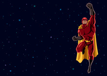 Superhero Flying 2 Space / Cartoon Illustration Of Flying Superhero Over Space Background And Copy Space. 