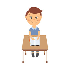 Wall Mural - vector flat cartoon cute schoolboy character sitting at desk in elementary school smiling. Isolated illustration on a white background. Child education, back to school concept