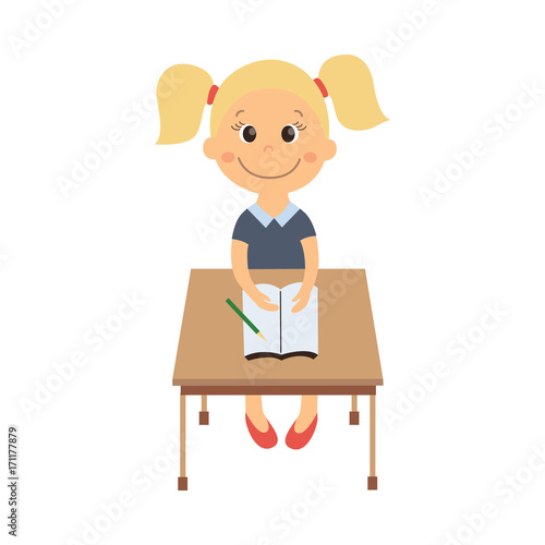 Vector Flat Cartoon Cute Schoolgirl Character With Blond Braid