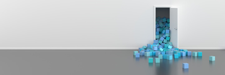 Wall Mural - Infinite colored cubes getting out of a door, original 3d rendering