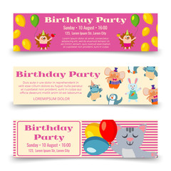 Canvas Print - Birthday party horizontal banners template with cute cartoon animals