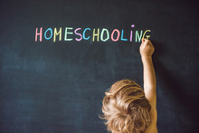 Homeschooling. Child Pointing At Word Homeschooling On A Blackboard