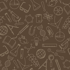 Wall Mural - Seamless pattern on the theme of science and inventions, diagrams, charts, and equipment,beige  simple contour icons on a brown   background