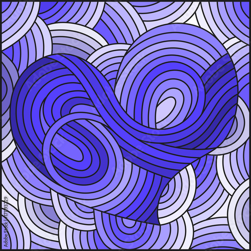 Plakat Ilustracja w witrażu stylu z abstrakcjonistycznym sercem na falistym tle, monochromatyczny brzmienie, błękitny