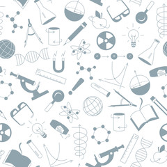 Wall Mural - Seamless pattern on the theme of science and inventions, diagrams, charts, and equipment, a grey silhouettes of icons on white background 