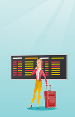 Poster - Young caucasian woman looking at departure board at the airport. Passenger with suitcase standing on the background of departure board at the airport. Vector cartoon illustration. Vertical layout.