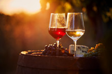 Two Glasses Of White And Red Wine With Food At Sunset