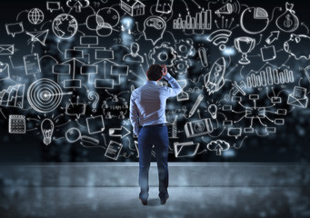 Wall Mural - businessman watching a project sketch on a rooftop 3d rendering