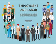 Group Of People With Different Occupation. Employment And Labor Day Banner. Employee Characters Standing Together.