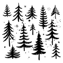 Set Of Hand Drawn Christmas Tree. Fir Tree Silhouettes. Vector Illustration.