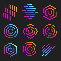Aufkleber - Isolated line art logos templates. Abstract linear logotypes. Colorful geometric icons collection. Outline innovate design elements. Vector simple futuristic signs set.
