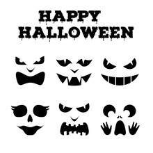 Collection Of Halloween Pumpkins Carved Faces Silhouettes. Black And White Images. Vector Illustration