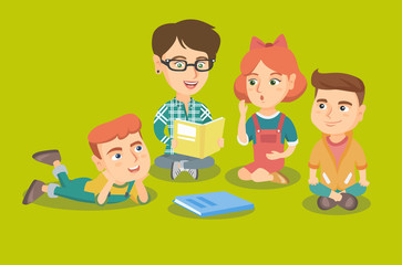 Sticker - Caucasian teacher sitting on the floor with children and reading a book in the kindergarten. Group of children listening to a teacher reading a book. Vector sketch cartoon illustration. Square layout.