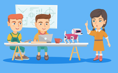 Sticker - Little caucasian scientists engineering a robotic dog at science school lesson. Schoolkids using a laptop for programming a robot at tech lesson. Vector sketch cartoon illustration. Square layout.