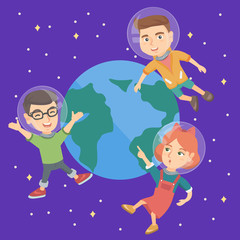 Sticker - Caucasian astronaut kids flying in space on the background of Earth planet. Children in the helmet of astronaut taking part in space expedition. Vector sketch cartoon illustration. Square layout.