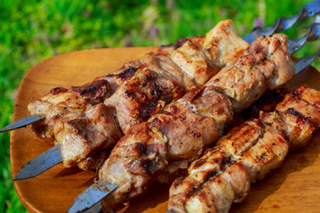 closeup of some meat skewers being grilled barbecue