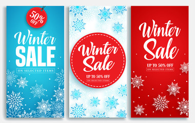 winter sale vector poster or banner set with discount text and snow elements in blue and red snowfla