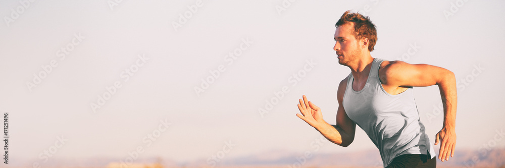 Fitness athlete runner man running on sunset sky background. Jogging active lifestyle concept. - obrazy, fototapety, plakaty 