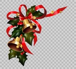 Wall Mural - Christmas decoration holly wreath bow gold bells element vector isolated transparent background