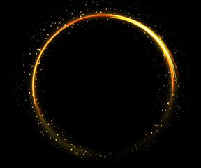 Wall Mural - light circle on black background. fire ring glowing trace. vector fire gold circle.