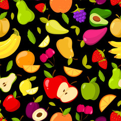 Wall Mural - Vector seamless summer fruits pattern on a black background