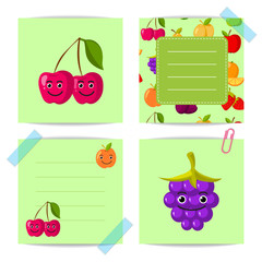 Sticker - Vector flat cute cherry, blackberry, fruits with faces templates set