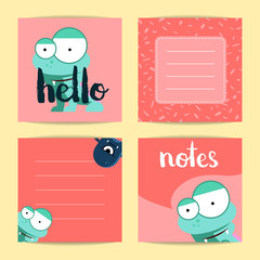 Sticker - Vector square note cards with lettering and cute cartoon monsters on blots background