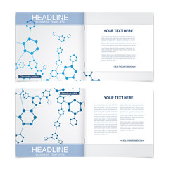  Templates for square brochure. Leaflet cover presentation. Business, science, technology design book layout. Scientific molecule background