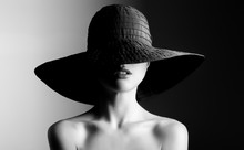 Fashion Woman In Hat. Contrast Black And White.