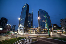 View Of Modern Building At Blue Hour. The Headquarters Of Business, Italy's Largest Bank