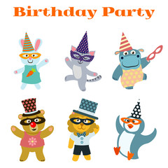 Sticker - Cute dancing animals on birthday masquerade party