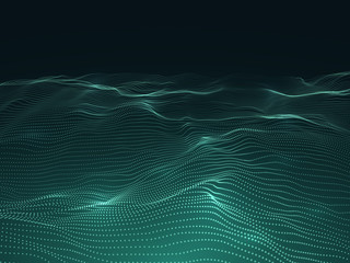Wall Mural - Digital background with wavy surface. 3d futuristic landscape with particles. Sound waves data vector concept
