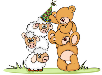 Poster - Teddy bear put birthday hat on sheep
