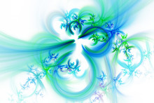 Abstract Fantastic Blue And Green Flowers On White Background. Fantasy Asymmetrical Fractal Texture. 3D Rendering.