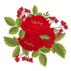 Wall Mural - Red english roses with rowan branches