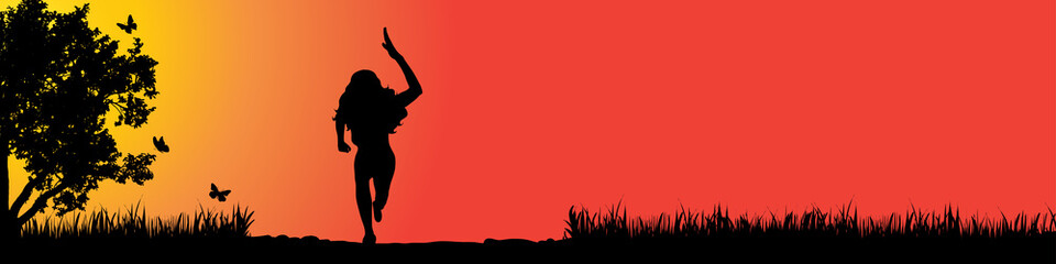 Sticker - Vector silhouette of girl who run in nature at sunset.