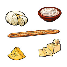 Vector Sketch Cartoon Sour Cream In Ceramic Brown Pot Or Plate, Soft Brie And Yellow Porous Cheese, Butter Bar With Clices And French Baguette Bread Loaf. Isolated Illustration On A White Background.