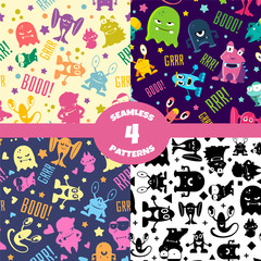 Canvas Print - Seamless patterns set with cute cartoon monsters