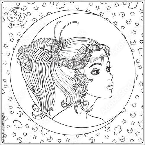 Cancer A Young Beautiful Girl In The Form Of One Of The Signs Of The Zodiac Outline Hand Drawing Coloring Page For Adult Coloring Book Stock Line Vector Illustration Stock Vector