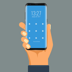 Wall Mural - Mobile phone in hand. Hand holding smartphone. Flat design