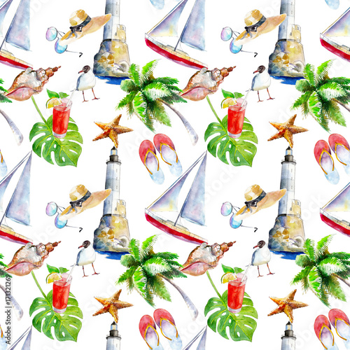 Stoffe zum Nähen Sommerferien-Hintergrund, handgezeichnete Aquarell nahtlose Muster auf weißem Hintergrund.