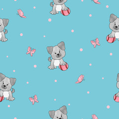 Seamless pattern with cute puppies on blue. Vector background for kids design