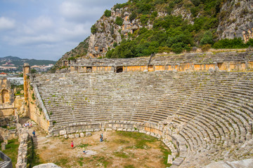 View of historical old amphitheater in old city. Ruins of the ancient city. Turkey