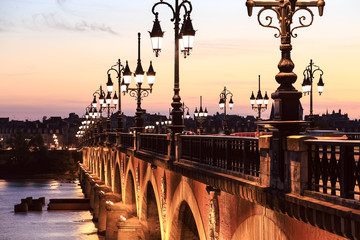 Poster - Pont de Pierre bridge at twulight, Bordeaux, France