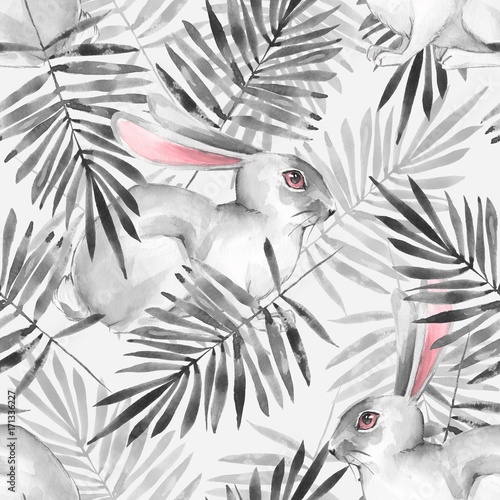 Fototapeta na wymiar Seamless pattern with white rabbits and leaves. Watercolor background 2